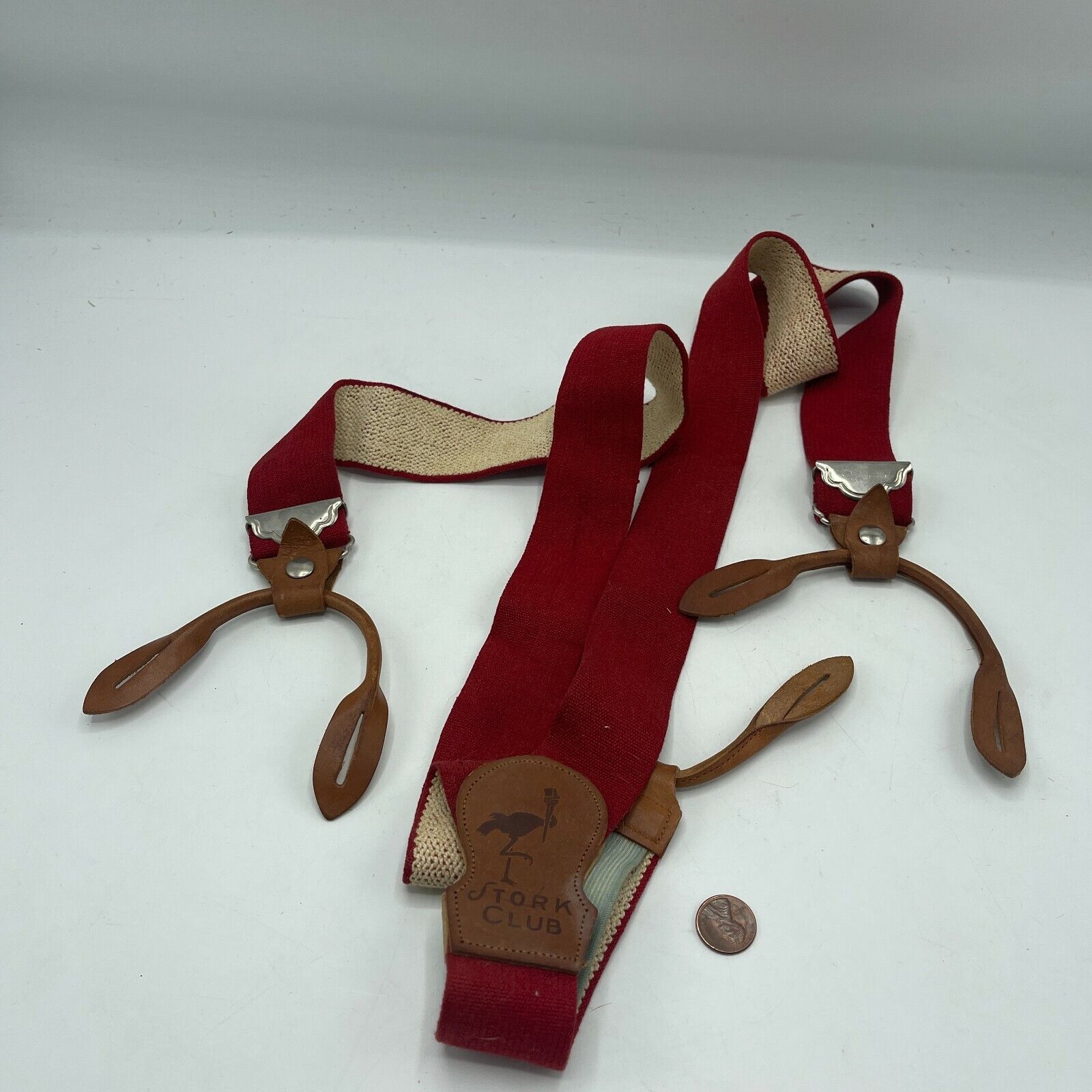 Vintage Rare Stork Club Men's Braces Suspenders Red 36" Leather & Elastic