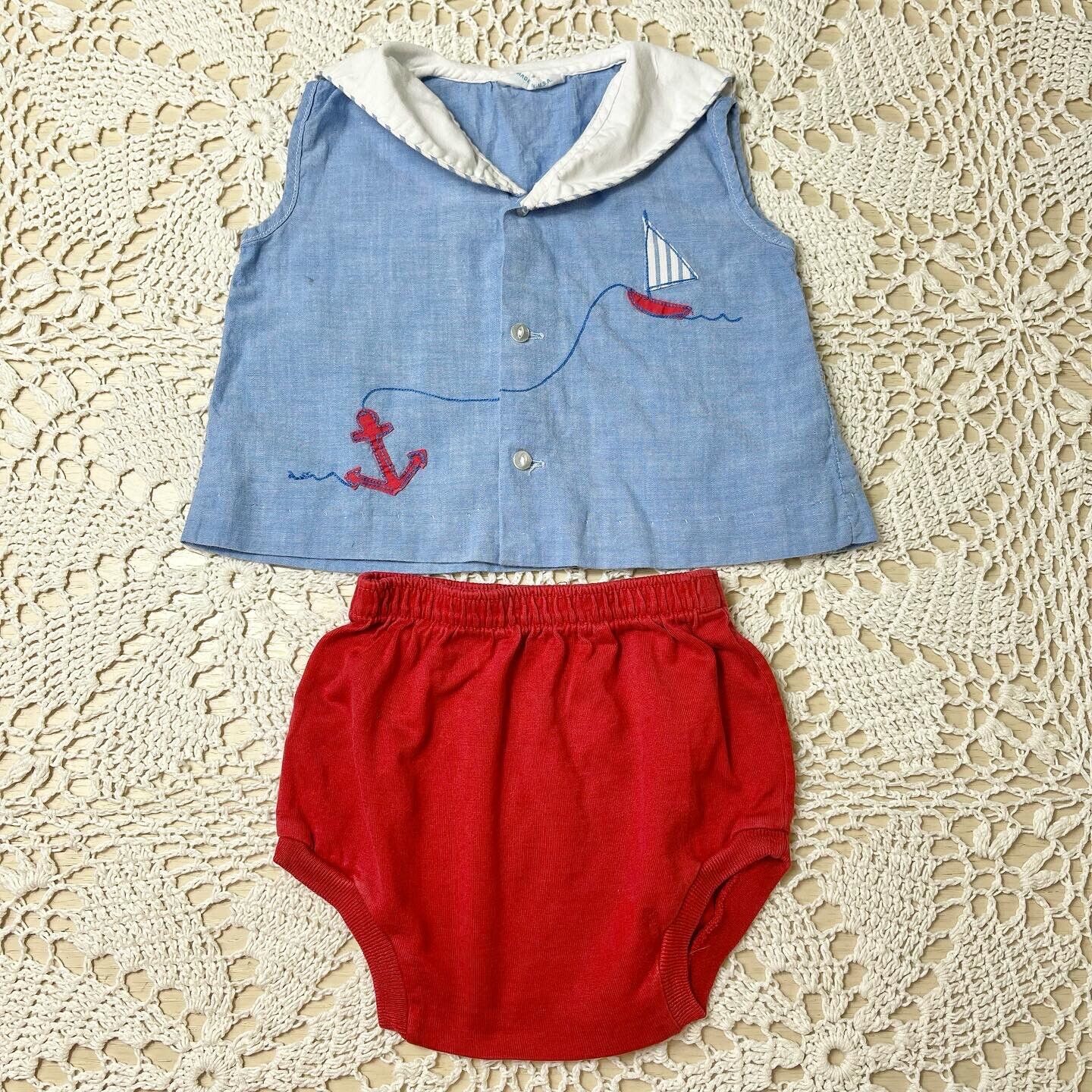 Vintage 1970s Nautical Applique Tunic & Diaper Cover Set Baby Boy